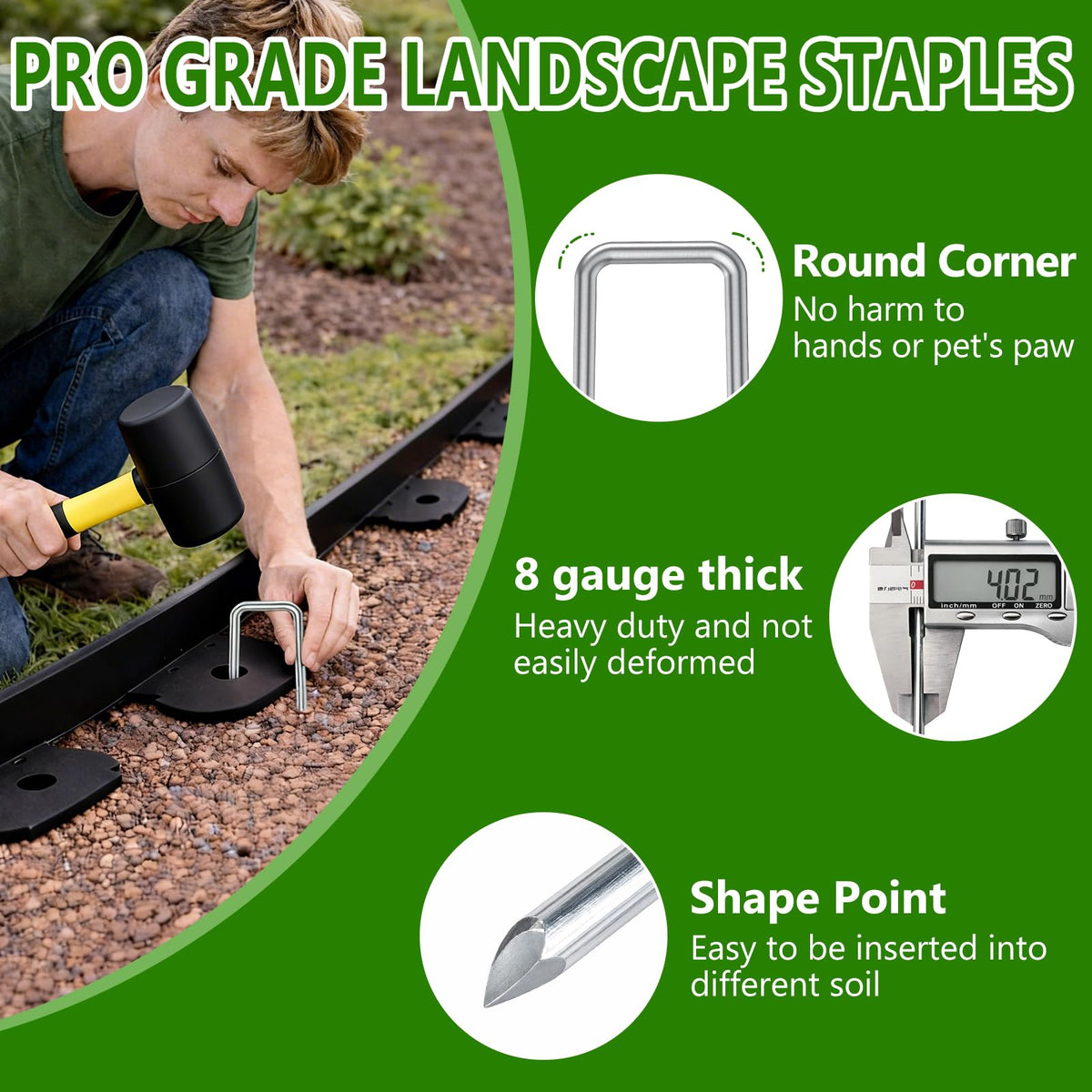 LXVOOEE multipurpose stake for edging, weed barrier, irrigation tubing, and plant support.