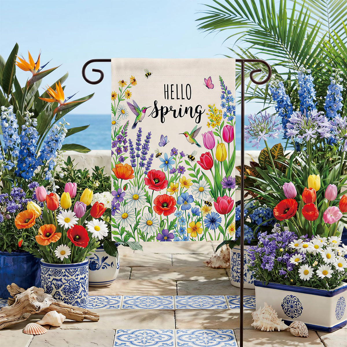 Lxyeecwang tulip and lavender motif creates cheerful spring atmosphere.