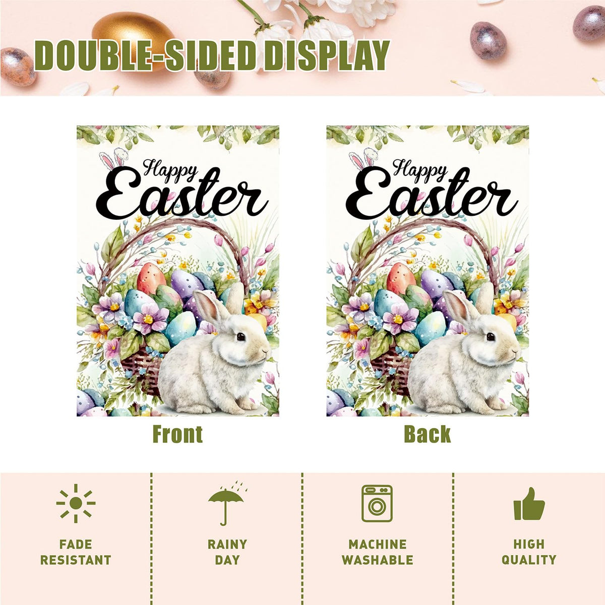Lxyeecwang double-sided Easter flag shows cheerful bunny design from both sides.