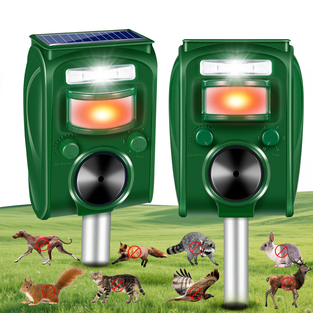 Lycxbfjia 2-pack solar animal deterrent, front view, discreet protection for your yard.