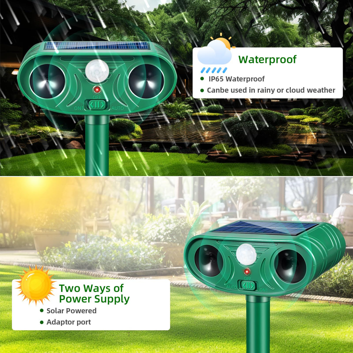 Lycxbfjia IP65 waterproof outdoor deterrent withstands rain and snow for outdoor use.