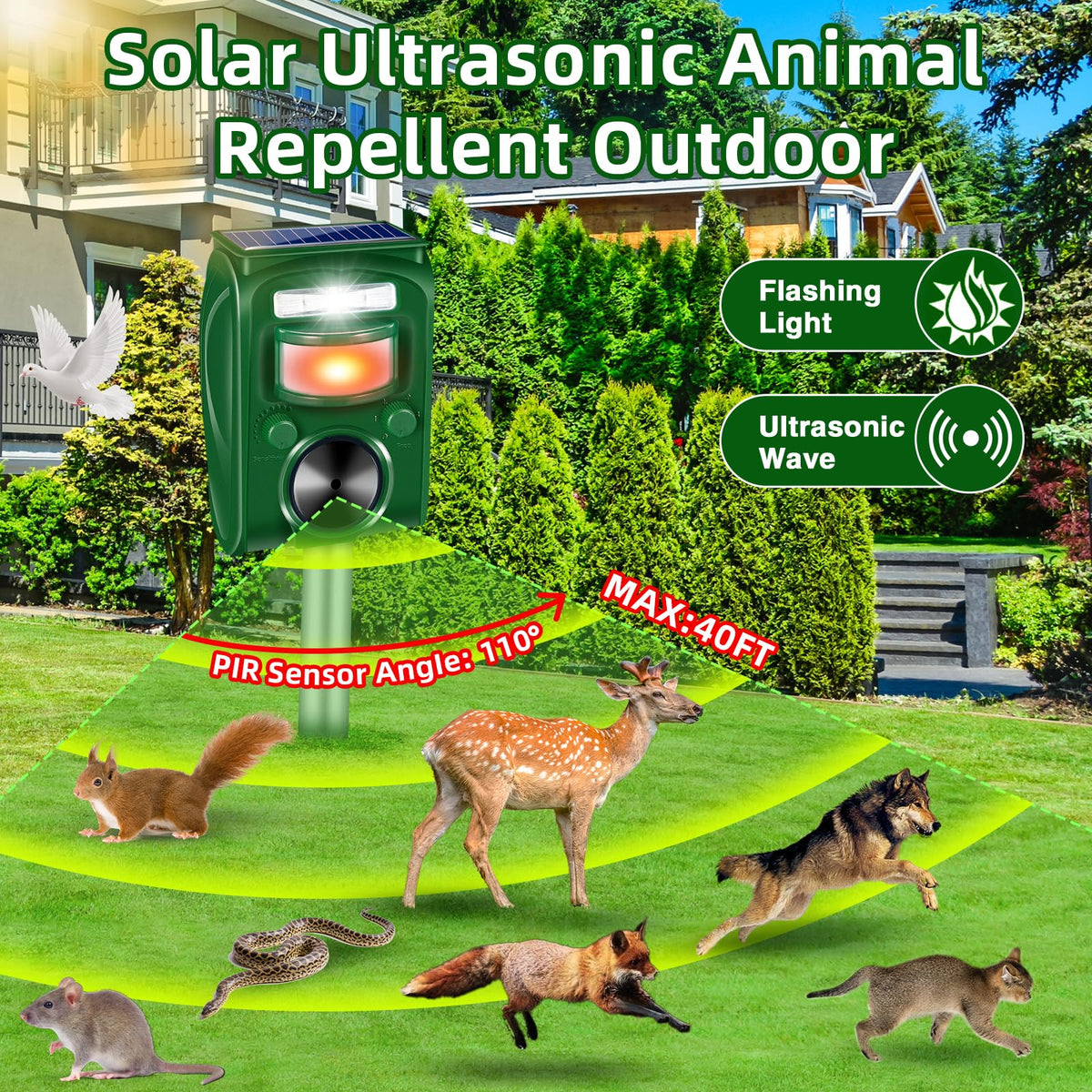 Lycxbfjia solar animal deterrent, side angle, blends with garden while deterring pests.