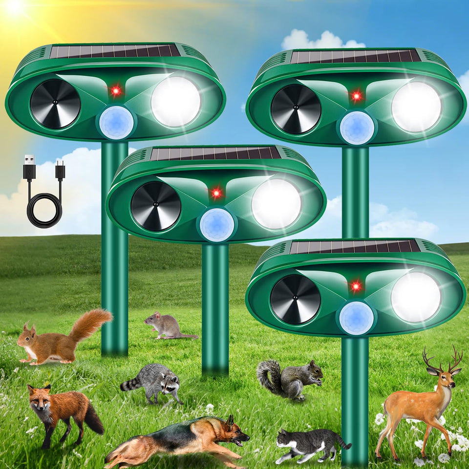 Lycxbfjia solar ultrasonic repeller front view; yard protection and daytime deterrence.