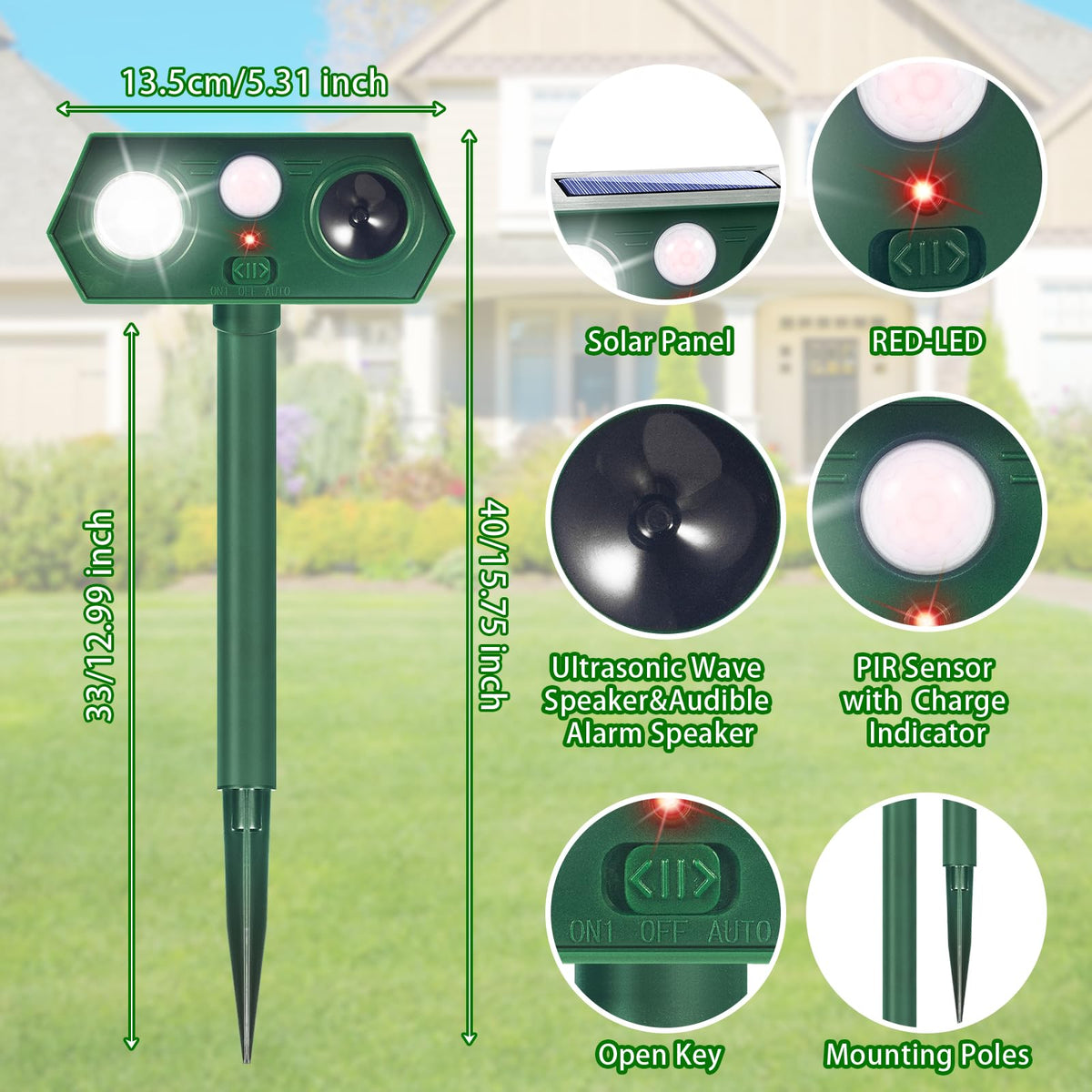 Lycxbfjia ultrasonic waves and strobe work together for humane deterrents.