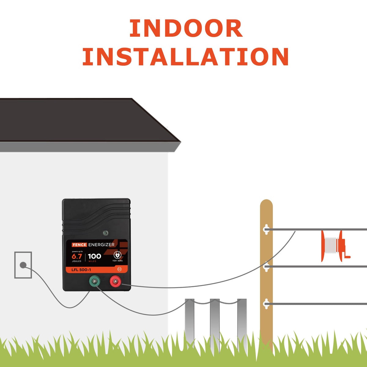 Lydite Fence Charger connects to fence wire via red terminal and ground.