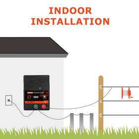 Lydite Fence Charger connects to fence wire via red terminal and ground.