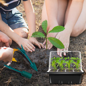 LYDTICK seed starter kit includes 12 trays, domes, lights, tools, and labels.
