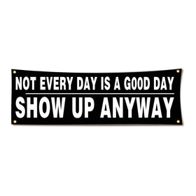 Lyeedoom motivational banner with bold letters boosts gym focus.