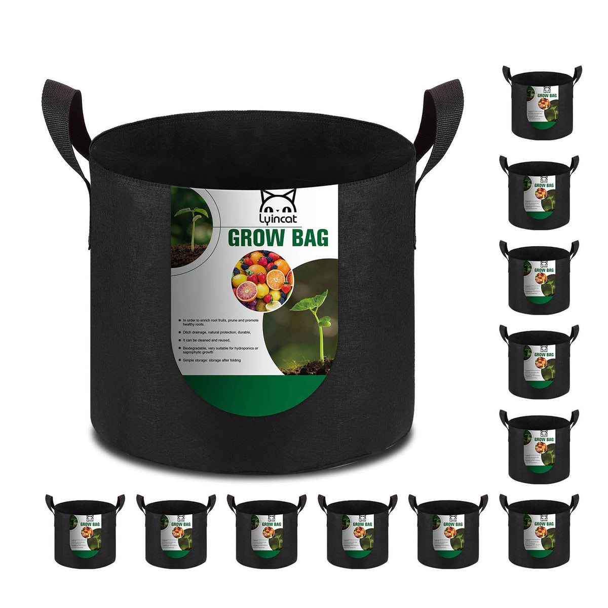 Lyincat 12-pack 15-gallon grow bags ready for versatile container gardening.