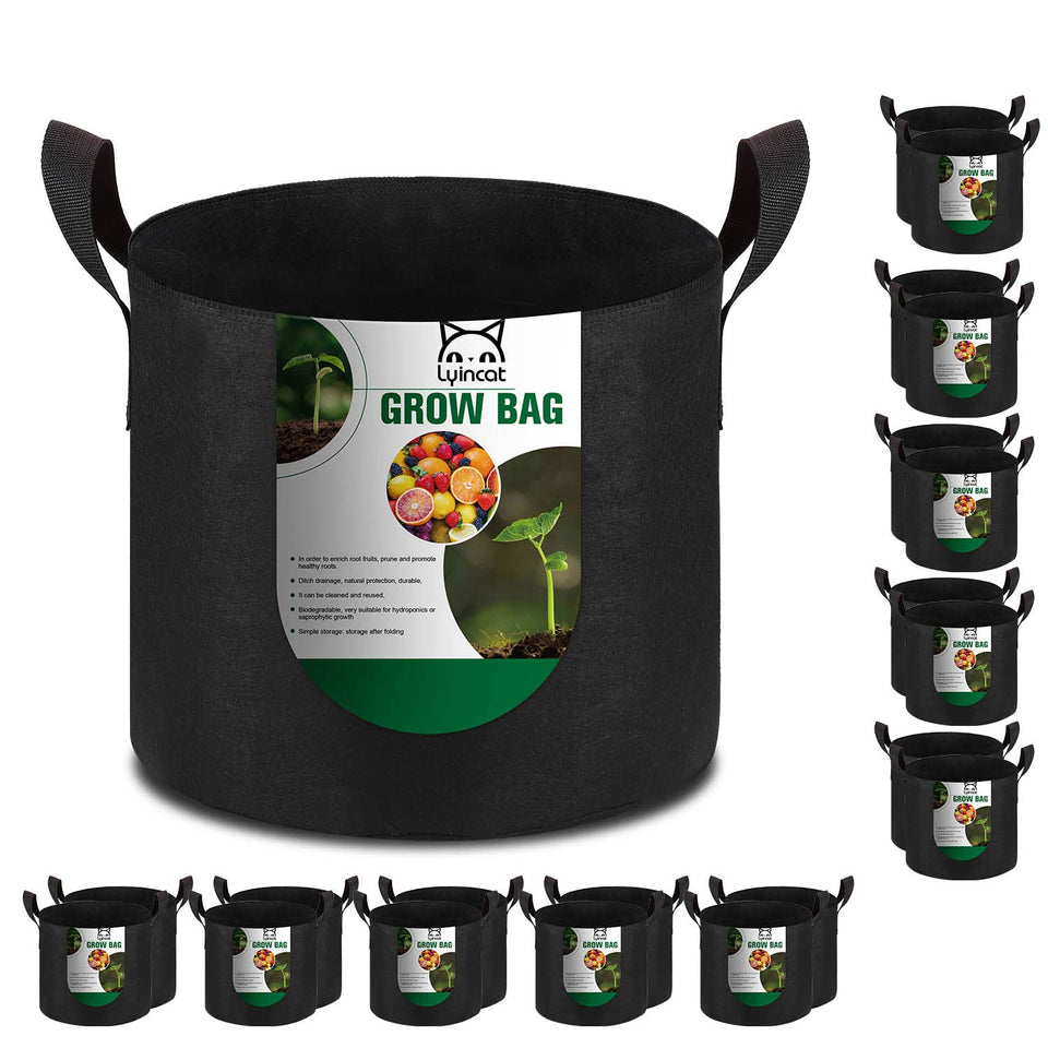 Lyincat 20-pack grow bags feature durable handles for easy transport.