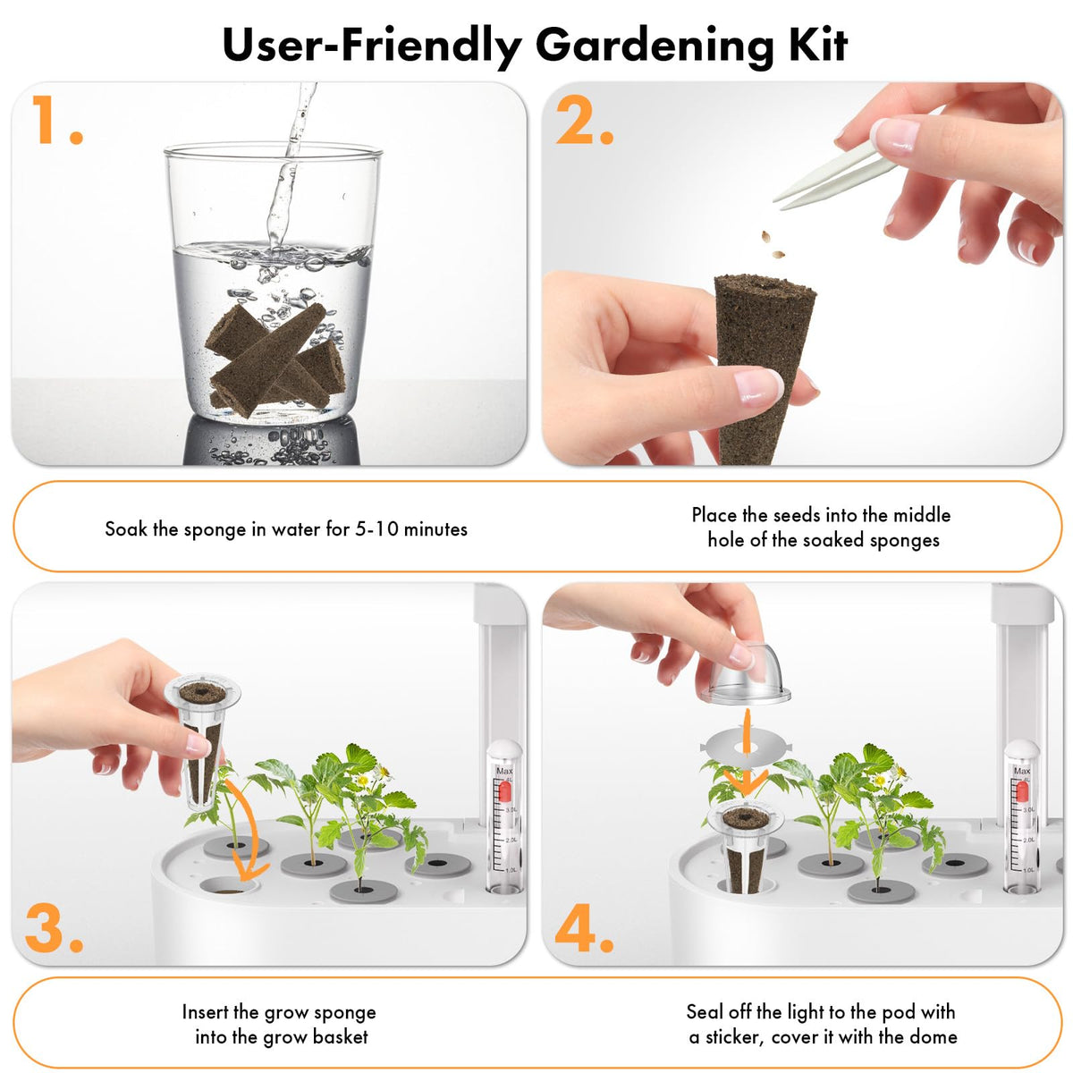 LYKOCLEAN growing baskets and domes; complete setup for easy hydroponics.