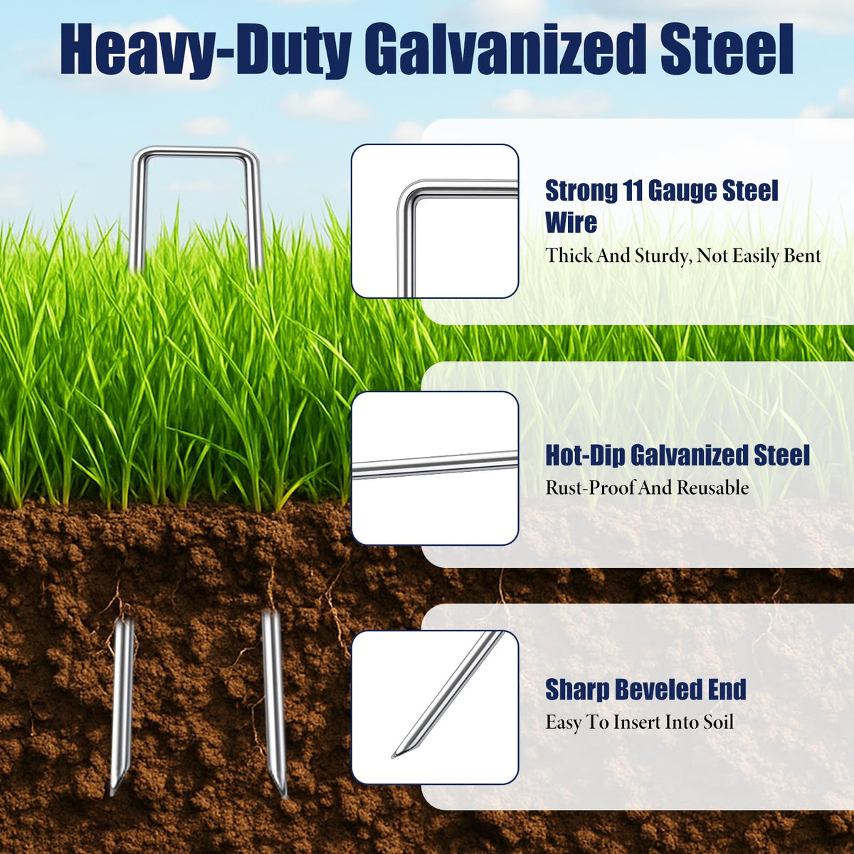 Lyksgir stakes installed in soil demonstrating simple alignment.