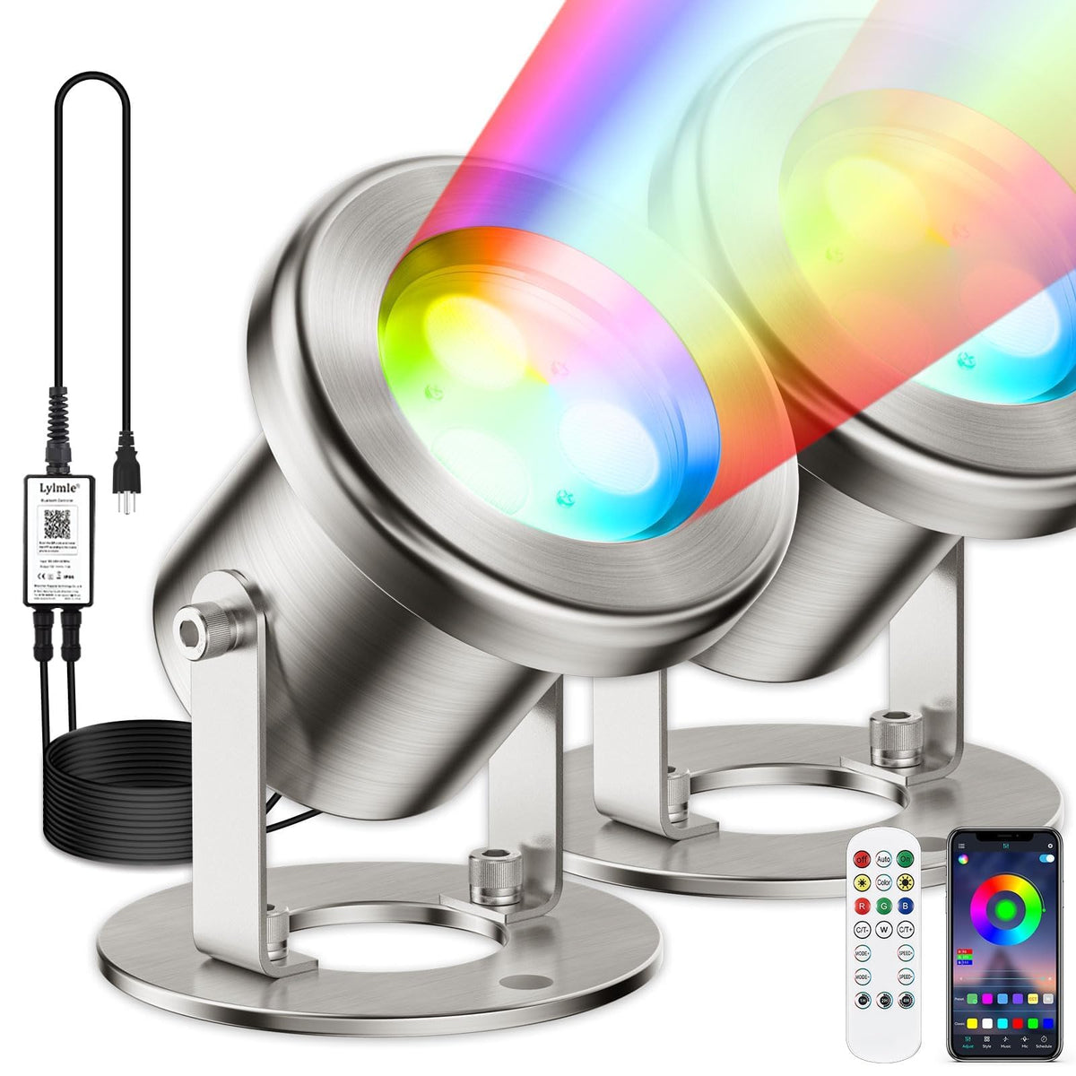LyLmLe LED pond light with app control for customizable colors and scenes.