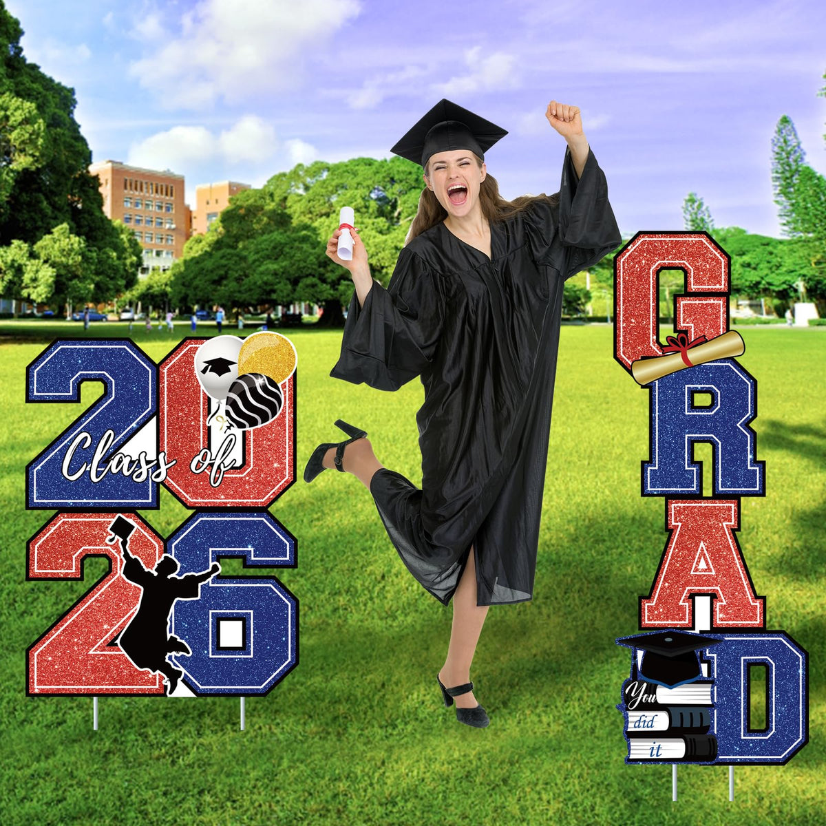 Lynumtw four-piece grad yard signs with stakes for easy lawn setup.