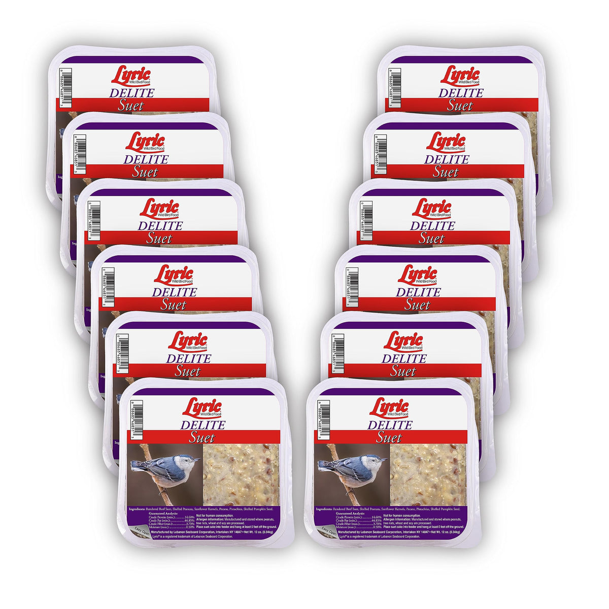 Twelve-pack Lyric Delite packaging keeping suet fresh for birds.