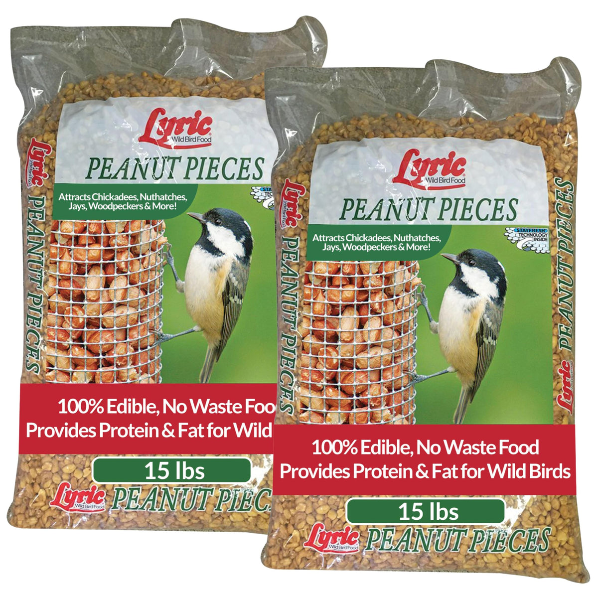 Lyric Peanut Pieces wild bird seed bag provides high-protein nutrition for outdoor feeders.