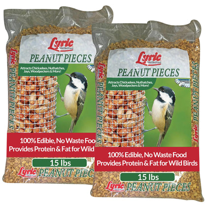Lyric Peanut Pieces wild bird seed bag provides high-protein nutrition for outdoor feeders.