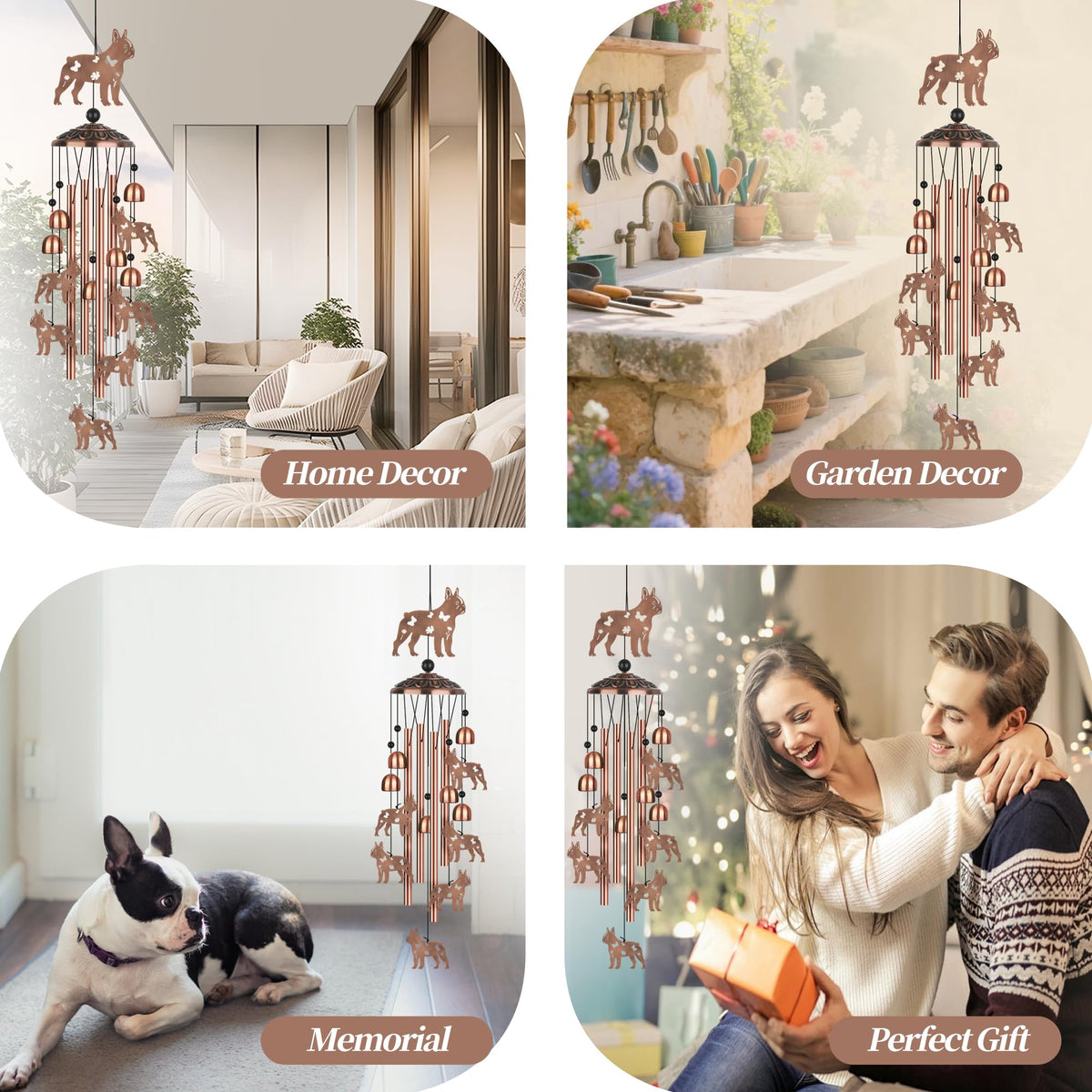 LYWUU Boston Terrier Wind Chime features a brushed metal finish