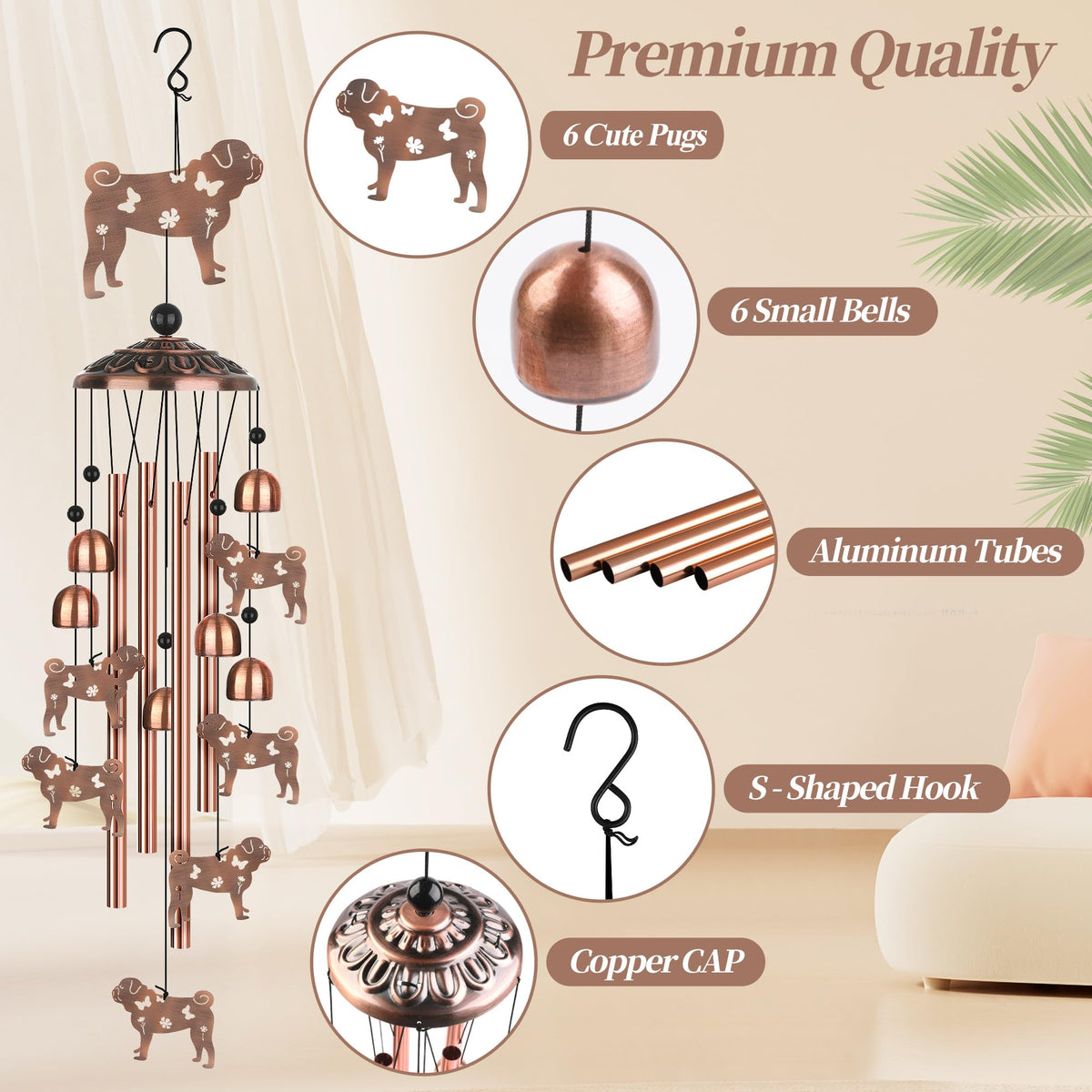 LYWUU pug wind chime with aluminum tubes delivers clear, calming melodies outdoors.