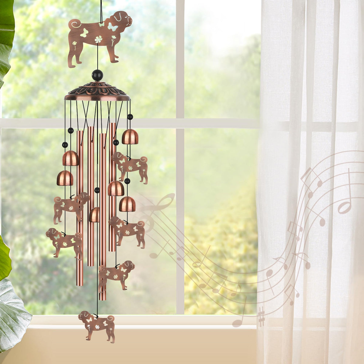 LYWUU pug wind chime in metal design for garden ambiance and long-lasting color.