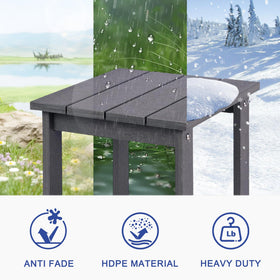 LZRS outdoor table with wood texture complements Adirondack chairs.