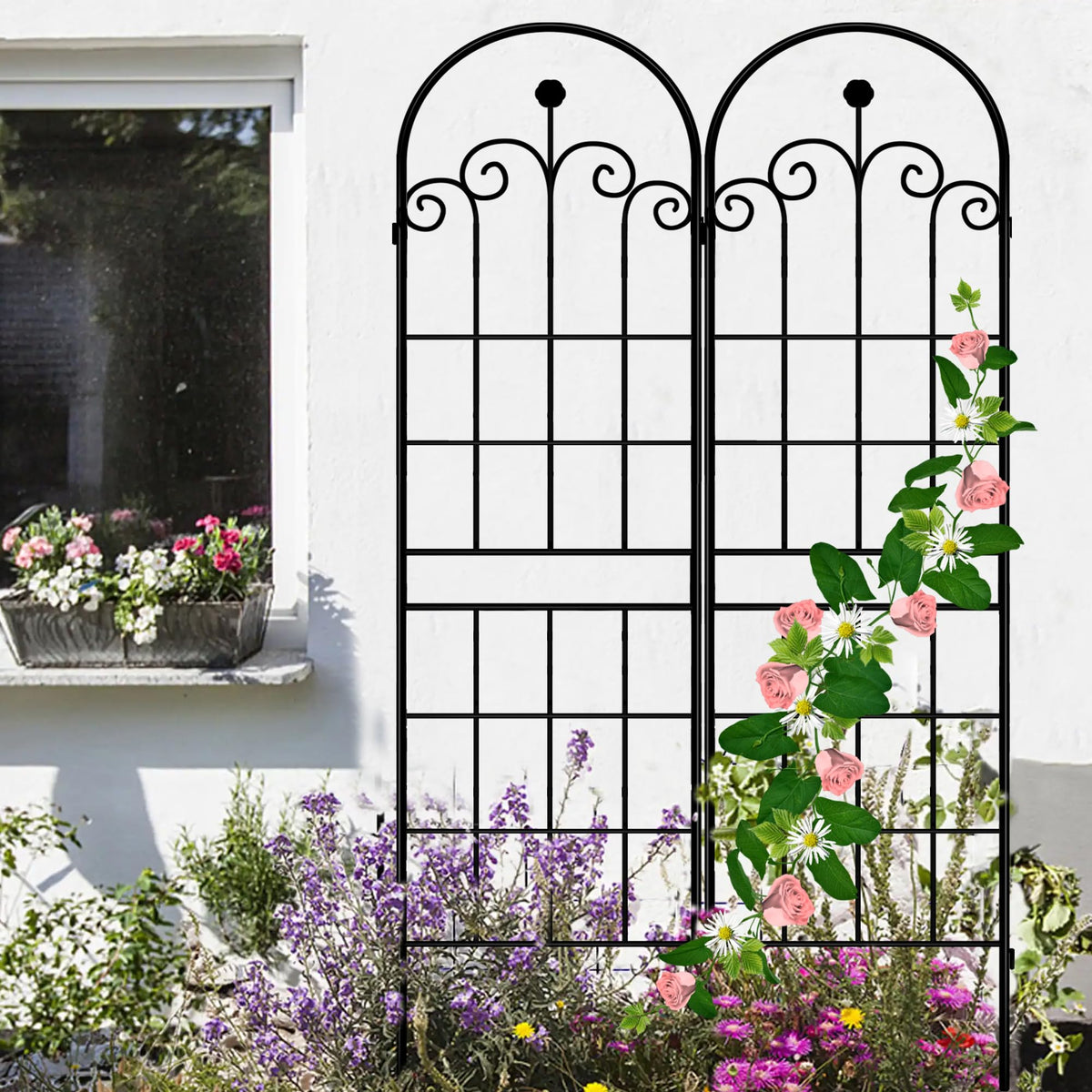 Arch trellis with adjustable hooks showing flexible angles