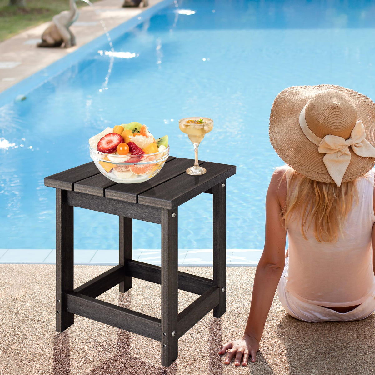 LZRS compact end table beside an Adirondack chair for handy access.