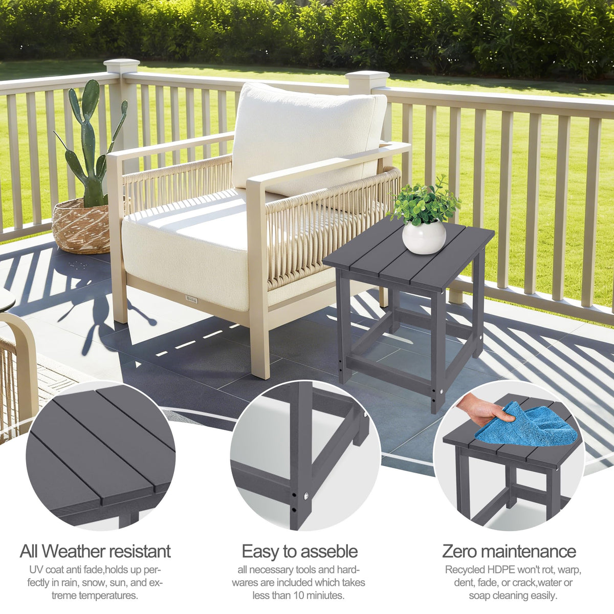 LZRS weatherproof table fits decks, patios, and poolside spaces.