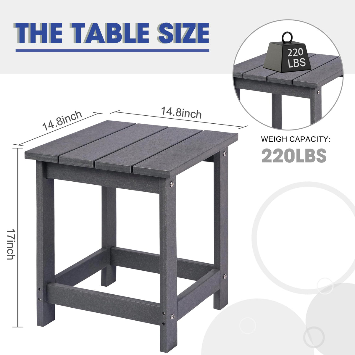 LZRS HDPE outdoor end table resists warping and fading in sun and rain.