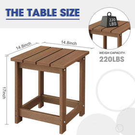 LZRS HDPE outdoor end table remains weatherproof beside Adirondack chairs.