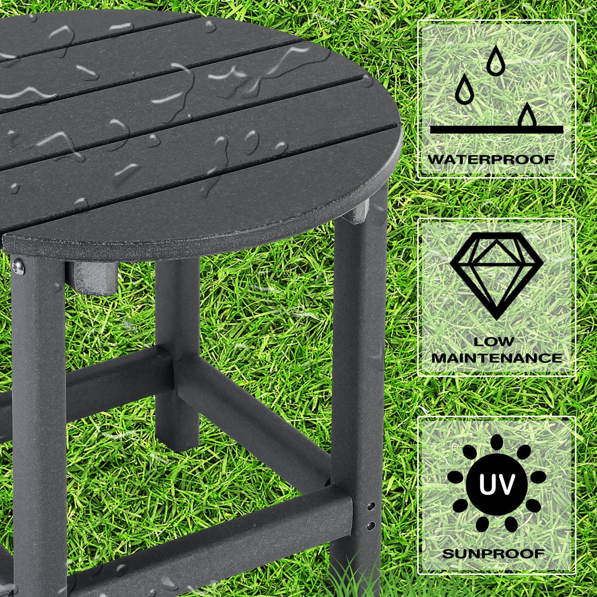 LZRS round Adirondack side table in grey ready for beach or deck setups.