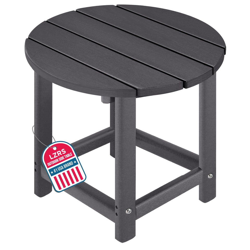 LZRS round Adirondack side table in grey beside a chair on a sunny patio.