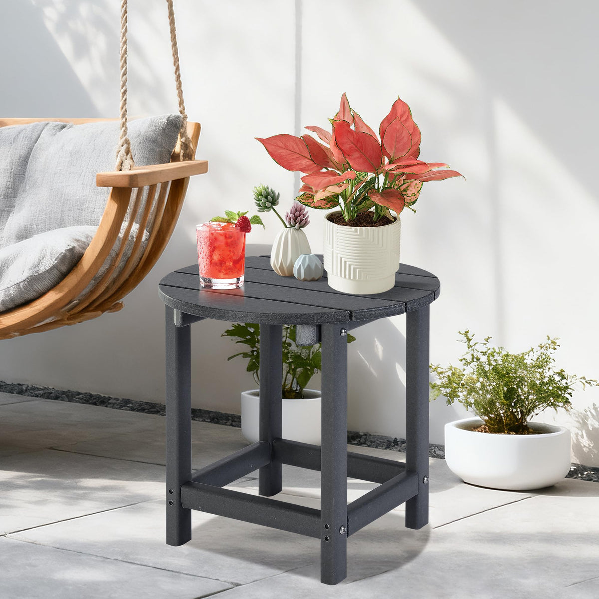 LZRS grey wood-texture round side table for patios.