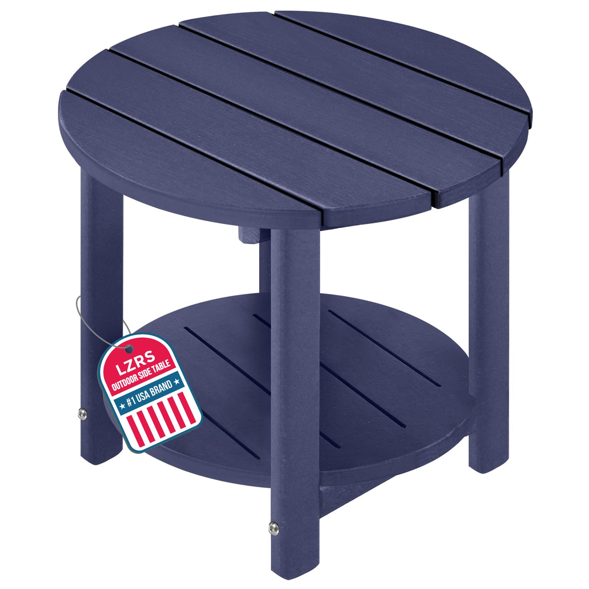 LZRS Round Adirondack Side Table in navy blue, ideal for patio entertaining and outdoor convenience.