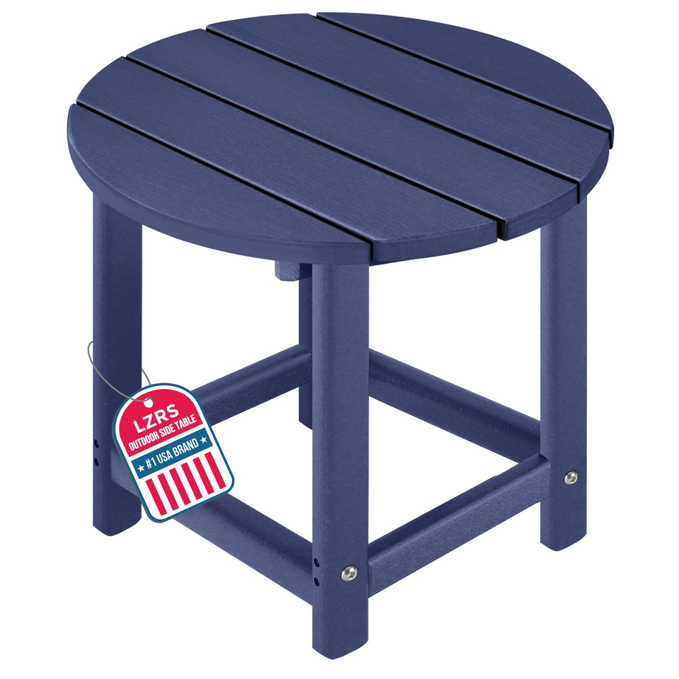 LZRS round Adirondack side table with textured wood-look finish, ideal for drinks and books