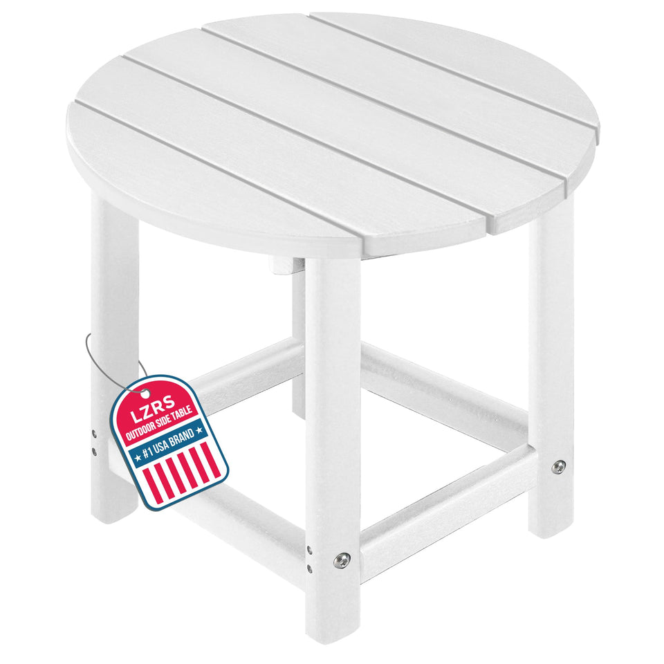 LZRS round Adirondack side table in white keeps drinks within reach on sunny patios