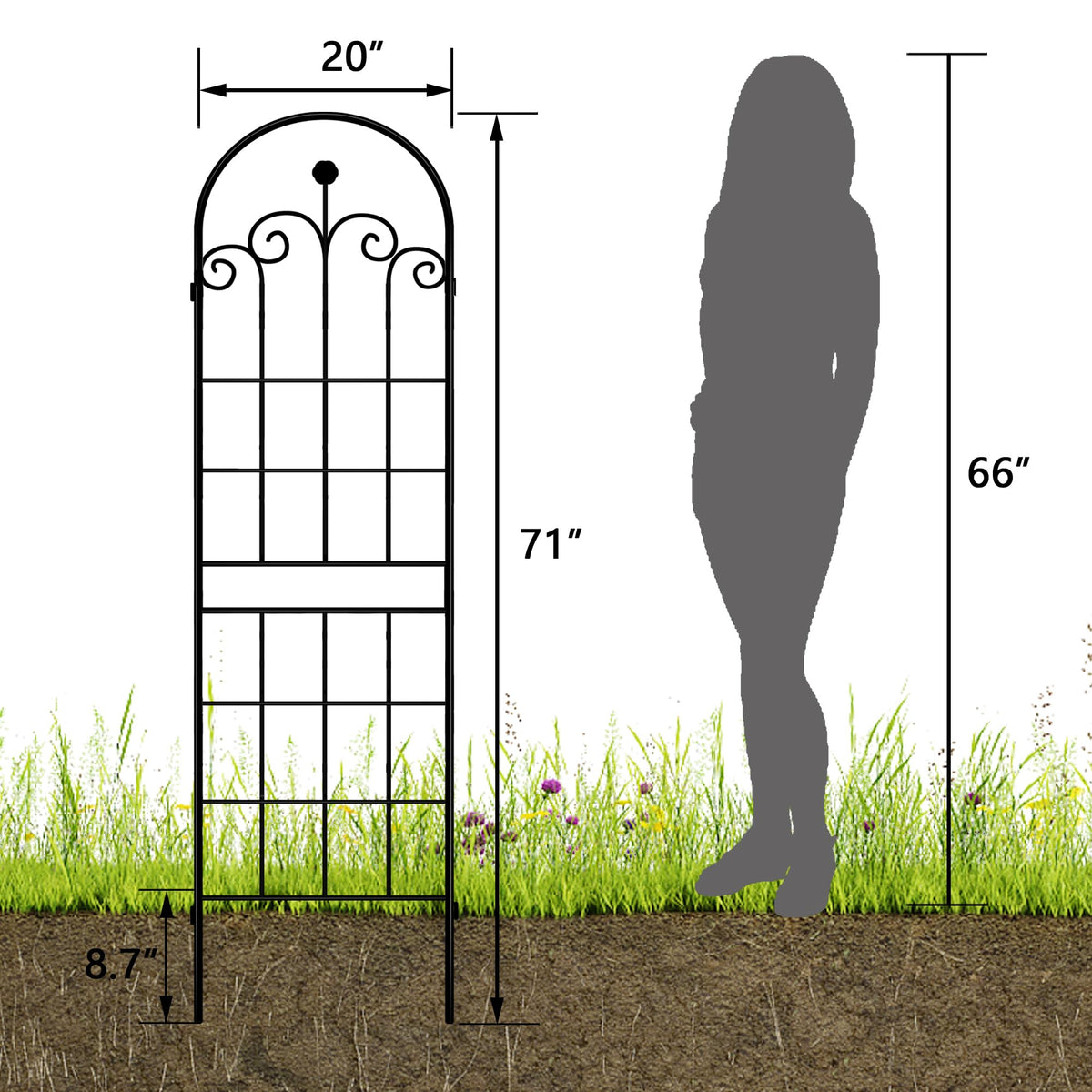 Close-up of rustic iron arch trellis detailing
