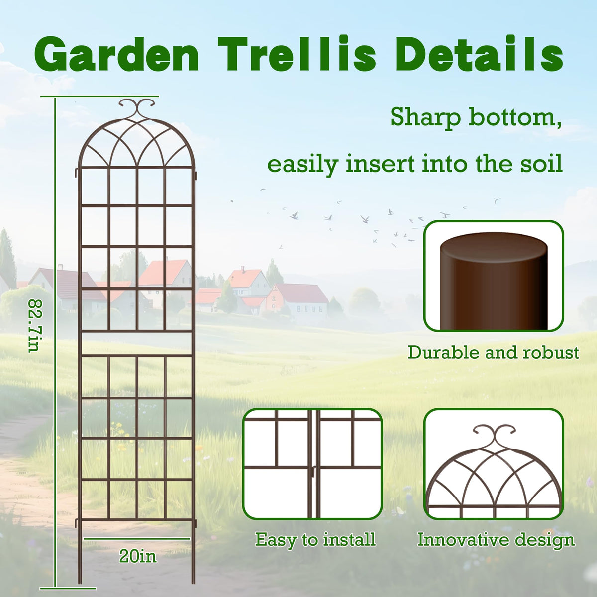 LZRS arch trellis supports climbing roses and ivy along a garden area