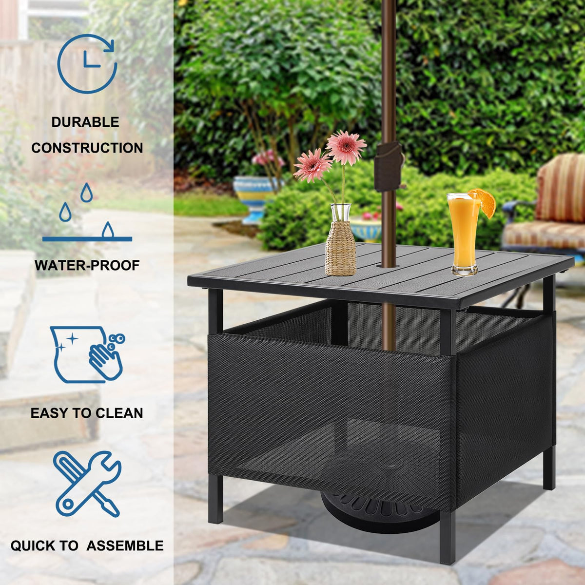 LZRS umbrella-hole table pairs with lounge chairs for shade.
