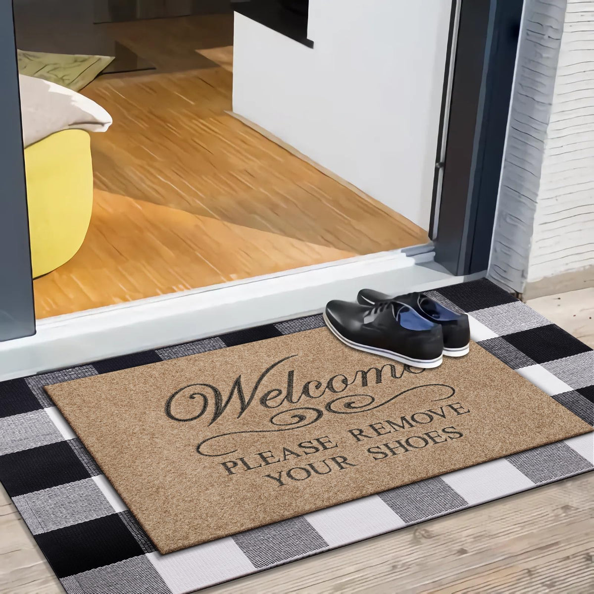 Lzuso Welcome Doormat showing non-slip rubber backing for safe entry.
