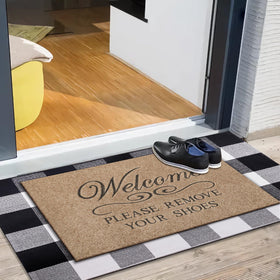 Lzuso Welcome Doormat showing non-slip rubber backing for safe entry.