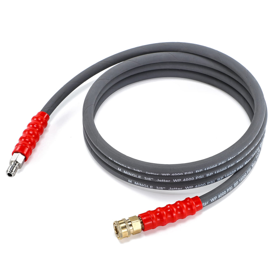 M MINGLE 10 ft jumper hose connected to a pressure washer reel for near-machine cleaning