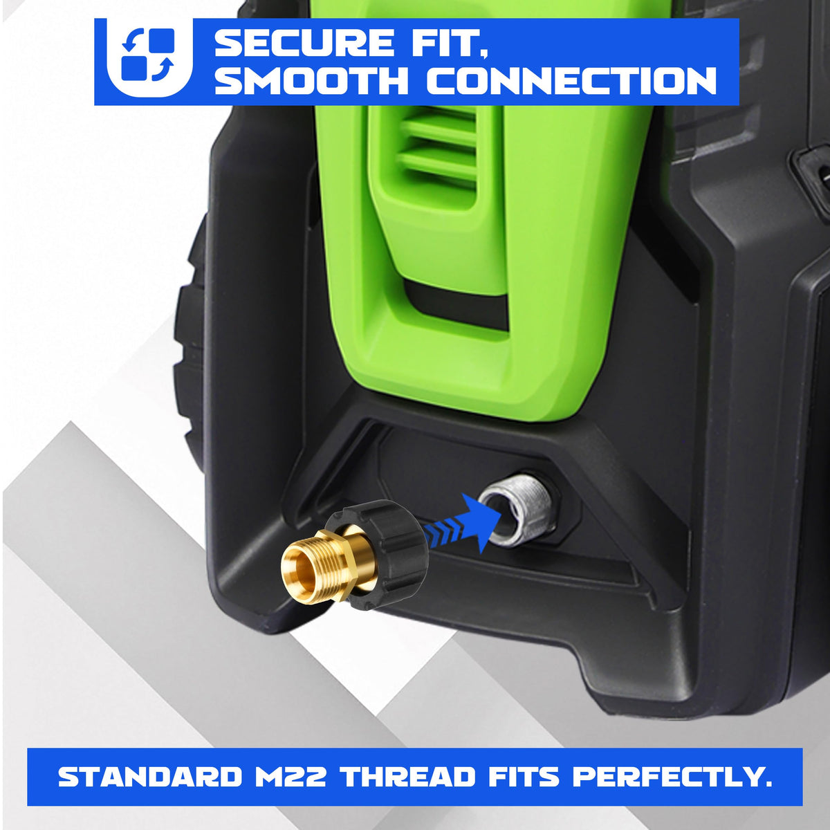 M MINGLE tool-free installation highlighting quick setup for pressure washers.