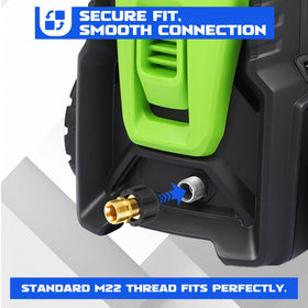M MINGLE tool-free installation highlighting quick setup for pressure washers.