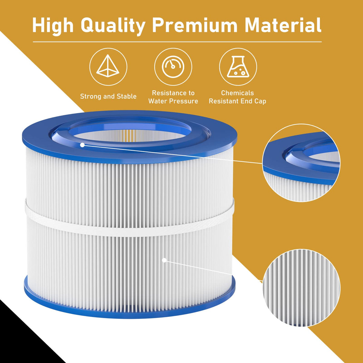 Macaberry PBF40M filter side view highlights reinforced end caps for chemical resilience.