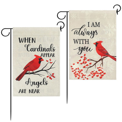 Macarrie cardinal memorial flag when cardinals appear, a comforting garden reminder.