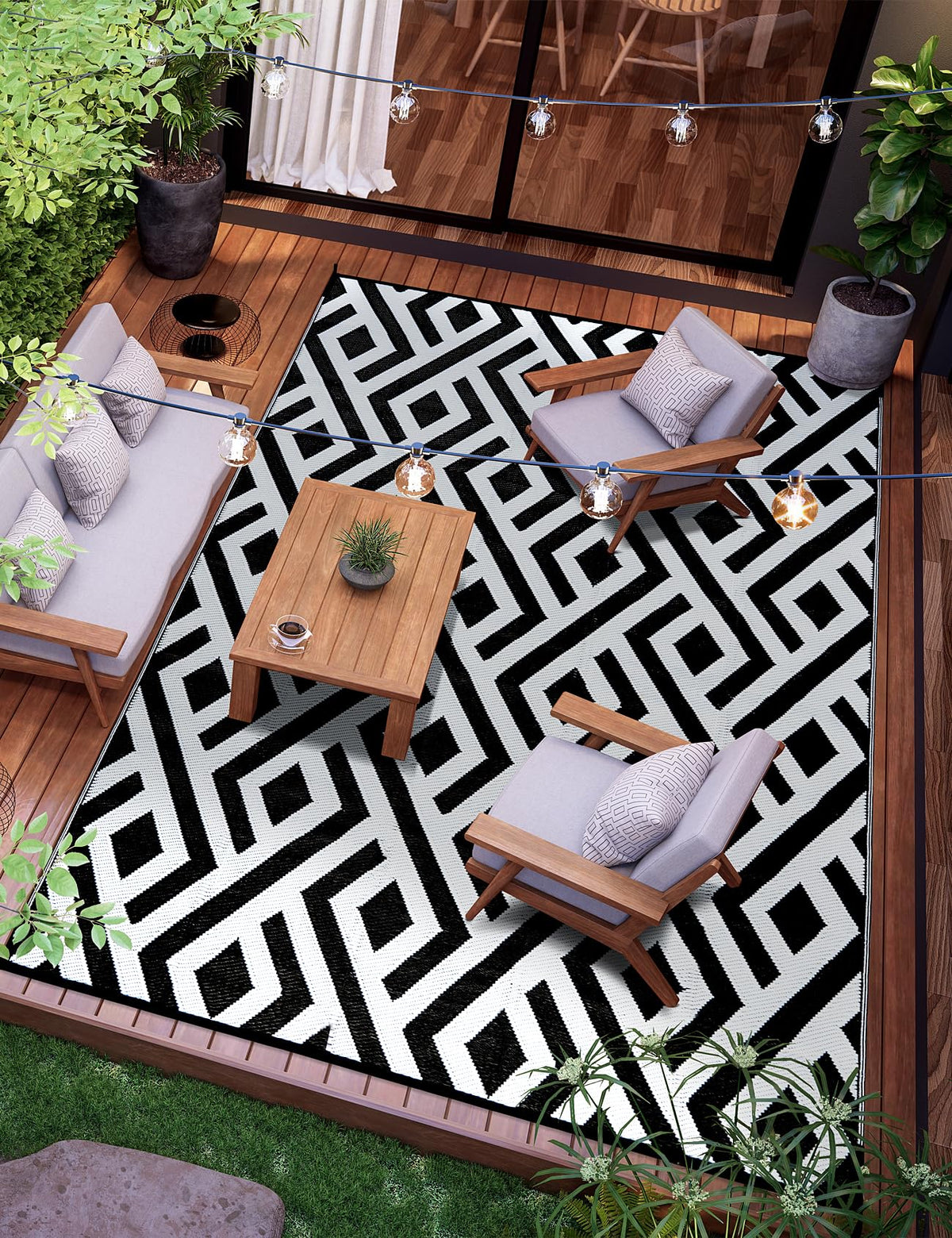 Macgace 6x9 outdoor rug with carry bag in black and light grey for easy transport.