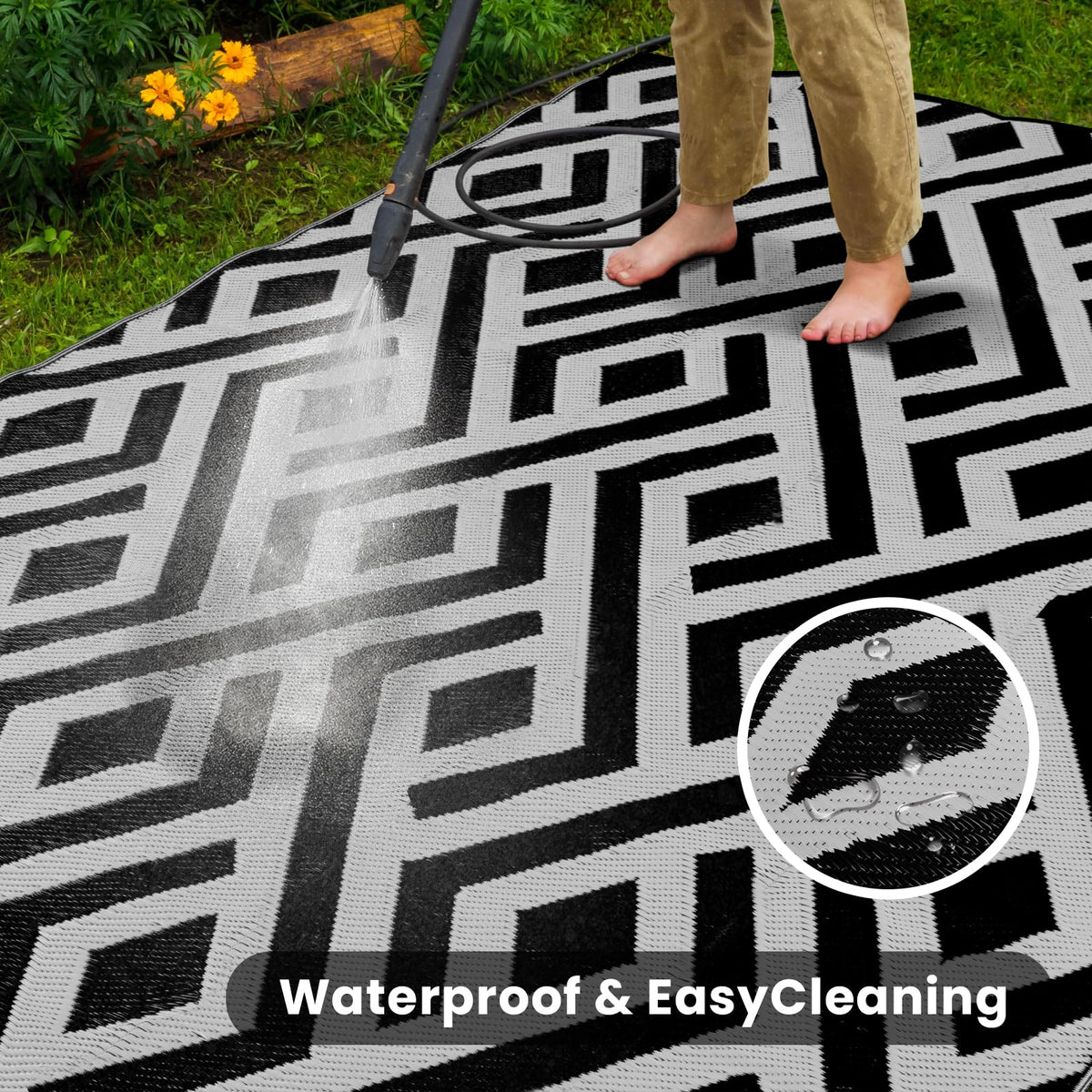 Macgace outdoor rug protects floors while adding a pop of color.