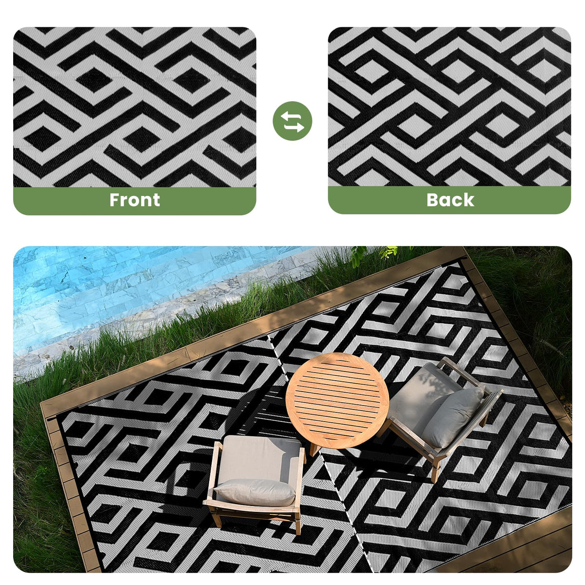 Macgace two-tone rug in black and light grey for porches and decks.