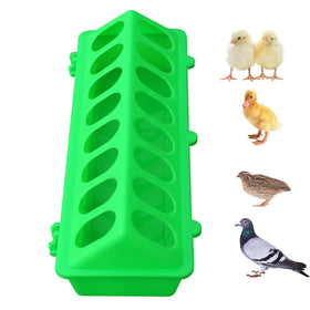 MACGOAL flip-top chick feeder in action outdoors reduces waste.